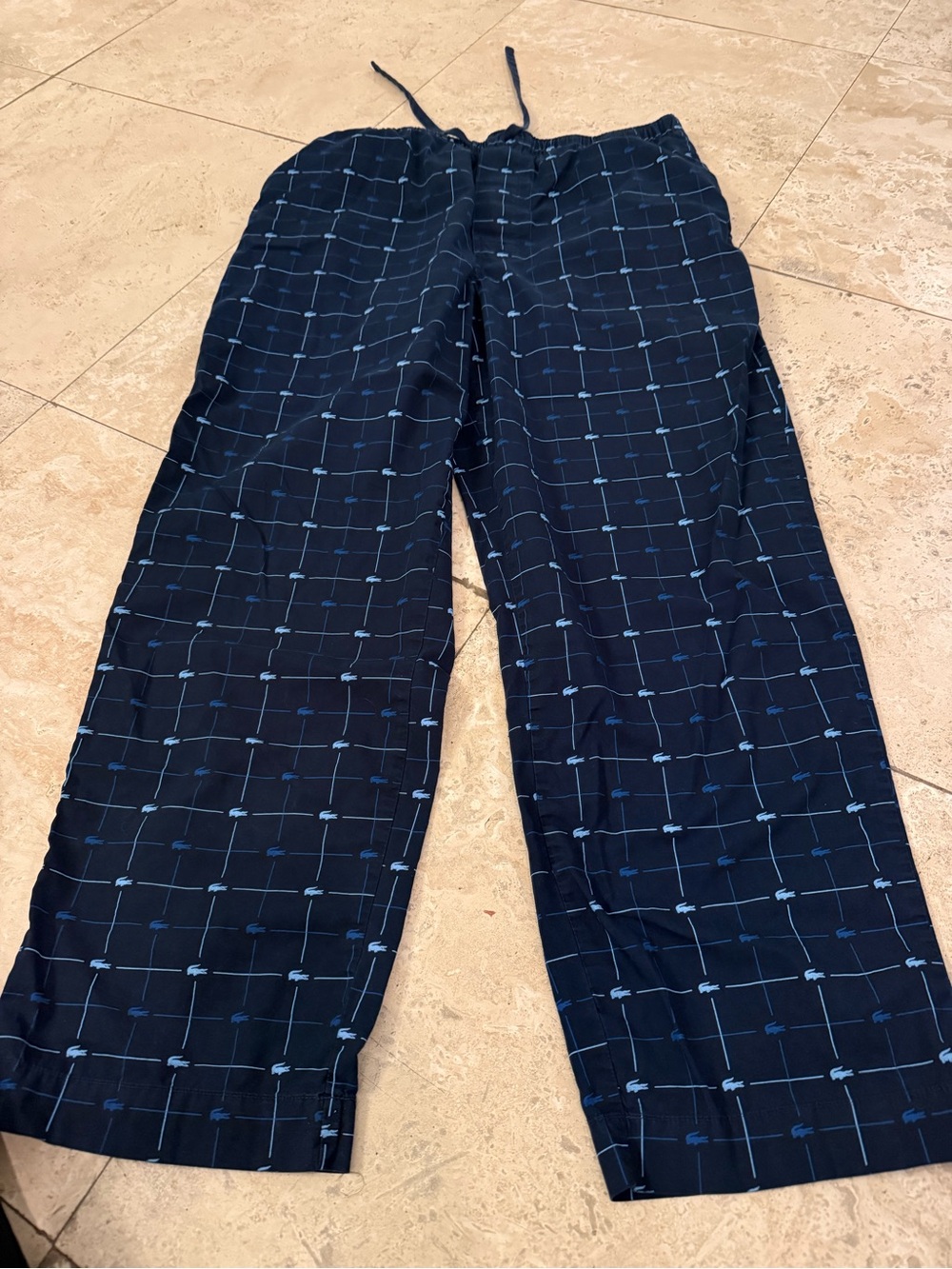 Lacoste Sleepwear Pajama Pants Mens M Blue Grid Croc Logo Cotton Lounge Preppy